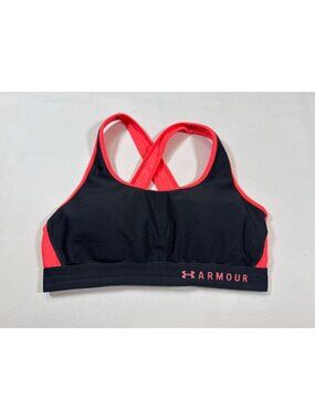 Under Armour Womens Racerback Black & Neon Coral Sports Bra L (Z481)